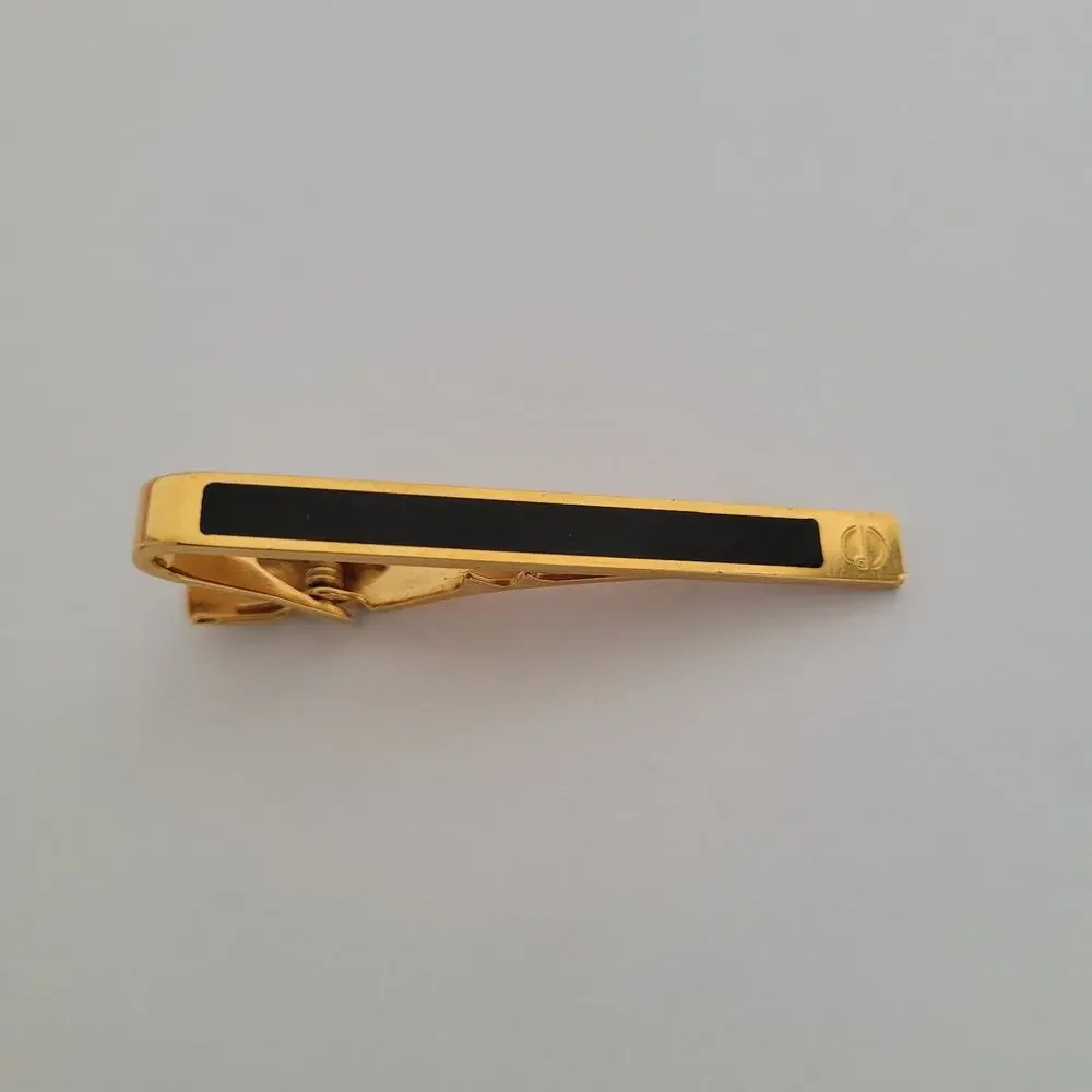 Dunhill Vintage Round Cufflinks Tie Clasp Clip Bar Set Black Onyx Gold Logo Box
